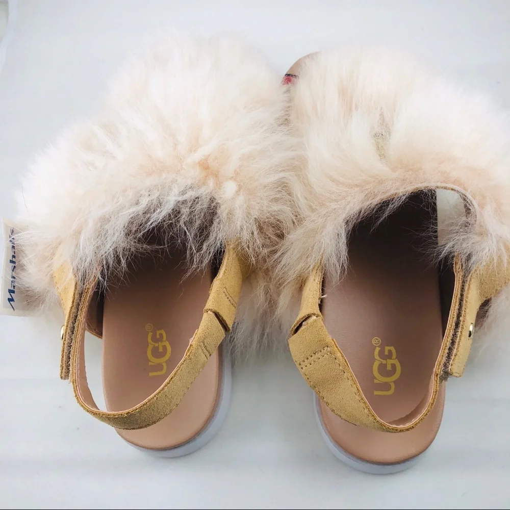 UGG Girls Beige Fluff Sandals with Embellished Stars